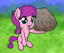 Size: 1661x1369 | Tagged: safe, artist:craftycirclepony, derpibooru import, lily longsocks, pony, g4, boulder, cute, dirty, female, filly, foal, grass, hair tie, heart, heart eyes, holding, image, looking at you, open mouth, outdoors, png, sitting, smiling, solo, super strength, tail tie, wingding eyes