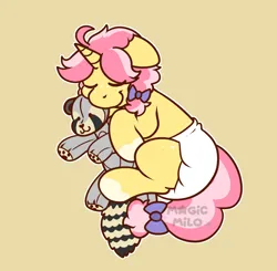 Size: 1306x1281 | Tagged: safe, artist:magic milo, derpibooru import, oc, oc:crafty circles, unofficial characters only, pony, raccoon, unicorn, bow, butt freckles, coat markings, diaper, diaper fetish, eyes closed, female, fetish, filly, floppy ears, foal, freckles, hair bow, horn, image, lying down, plushie, png, simple background, sleeping, snuggling, socks (coat marking), solo, tail, tail bow, tan background