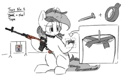 Size: 2494x1551 | Tagged: safe, artist:morningbullet, artist:reddthebat, derpibooru import, oc, oc:noot, oc:reddthebat, unofficial characters only, earth pony, pony, frown, gun, hoof hold, image, lidded eyes, nail, png, rifle, simple background, sitting, solo, tape, target, weapon, white background