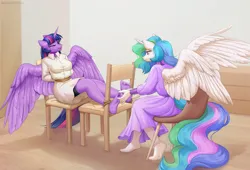 Size: 1083x738 | Tagged: suggestive, artist:margony, derpibooru import, princess celestia, twilight sparkle, twilight sparkle (alicorn), alicorn, anthro, plantigrade anthro, g4, bondage, chair, feet, image, jpeg, tickling