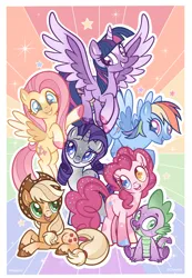 Size: 1419x2048 | Tagged: safe, artist:flitterjitters, derpibooru import, applejack, fluttershy, pinkie pie, rainbow dash, rarity, spike, twilight sparkle, twilight sparkle (alicorn), alicorn, dragon, earth pony, pegasus, pony, unicorn, g4, alternate design, colored hooves, colored wings, female, flying, heterochromia, hooves, horn, image, jpeg, looking at each other, looking at someone, looking at you, male, mane seven, mane six, markings, rainbow background, sitting, smiling, wingding eyes, wingless spike, wings