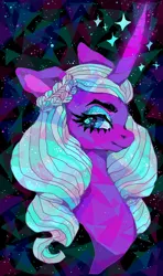 Size: 650x1100 | Tagged: safe, artist:njeekyo, derpibooru import, alicorn, pony, g5, bust, female, floppy ears, horn, image, looking at you, mare, opaline arcana, png, portrait, solo, sparkles