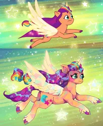 Size: 1145x1400 | Tagged: safe, artist:njeekyo, derpibooru import, sunny starscout, alicorn, pony, g5, my little pony: a new generation, my little pony: tell your tale, alicorn issues, artificial horn, artificial wings, augmented, female, flying, frown, horn, image, magic, magic horn, magic wings, mane stripe sunny, mare, png, race swap, scene interpretation, screencap reference, spread wings, stars, sunnycorn, tail, unshorn fetlocks, wings