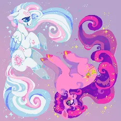 Size: 500x500 | Tagged: safe, artist:njeekyo, derpibooru import, skywishes, star catcher, earth pony, pegasus, pony, g3, duo, duo female, female, floppy ears, folded wings, gradient background, image, lesbian, mare, png, ship:skycatcher, shipping, sparkles, tail, wings