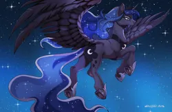 Size: 3000x1950 | Tagged: safe, artist:marlboro-art, derpibooru import, nightmare moon, princess luna, alicorn, pony, g4, blue eyes, blue mane, blue tail, crown, digital art, ethereal mane, ethereal tail, fanart, feather, female, flowing hair, flowing mane, flowing tail, flying, high res, hoof shoes, image, jewelry, mare, night, nightmare night, peytral, png, princess shoes, regalia, sky, solo, sparkles, spread wings, tail, wings