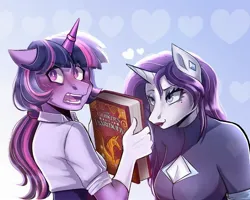 Size: 2500x2000 | Tagged: safe, artist:slapearl, derpibooru import, rarity, twilight sparkle, anthro, unicorn, g4, alternate hairstyle, bedroom eyes, blushing, boob window, book, breasts, busty rarity, clothes, duo, duo female, ear piercing, earring, eyeshadow, female, flustered, gloves, heart, image, jewelry, jpeg, lesbian, lipstick, makeup, open mouth, piercing, ship:rarilight, shipping, shirt, solo, unicorn twilight