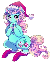 Size: 850x1000 | Tagged: safe, artist:njeekyo, derpibooru import, minty, earth pony, pony, g3, blushing, candy, candy cane, christmas, christmas socks, clothes, female, food, hat, holiday, image, mare, my little pony: a very minty christmas, png, santa hat, simple background, sitting, socks, solo, tail, transparent background