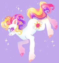 Size: 1500x1600 | Tagged: safe, artist:njeekyo, derpibooru import, sunny daze (g3), earth pony, pony, g3, blushing, female, heart, heart eyes, image, mare, png, purple background, simple background, smiling, solo, sparkles, tail, unshorn fetlocks, wingding eyes