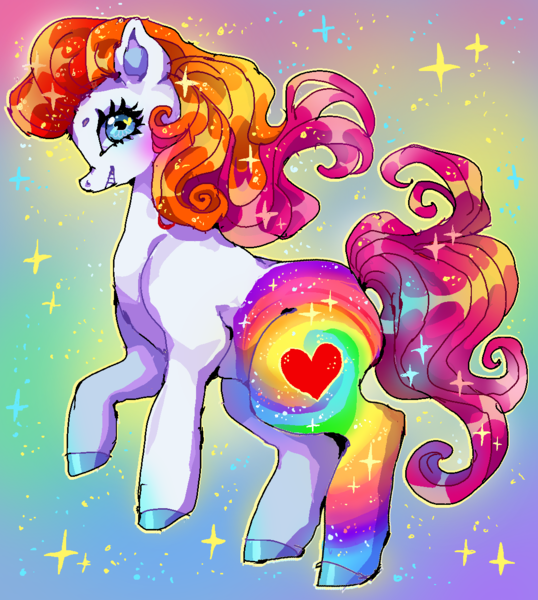 Size: 1114x1242 | Tagged: safe, artist:njeekyo, derpibooru import, earth pony, pony, g3, dream drifter, female, heart, heart eyes, hooves, image, mare, png, rainbow background, solo, sparkles, wingding eyes