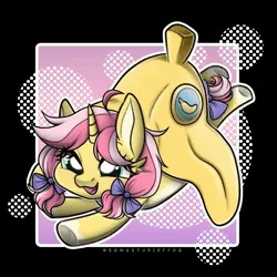 Size: 2000x2000 | Tagged: safe, artist:somestupidfrog, derpibooru import, oc, oc:crafty circles, pony, unicorn, banana, female, filly, foal, food, horn, image, jpeg, silly