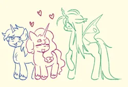 Size: 1038x709 | Tagged: safe, artist:rottenisles, derpibooru import, princess cadance, queen chrysalis, shining armor, alicorn, changeling, changeling queen, pony, unicorn, g4, blush scribble, blushing, bushy brows, chest fluff, closed mouth, cream background, doodle, ear fluff, eye clipping through hair, eyebrows, eyebrows visible through hair, eyes closed, feathered wings, female, floppy ears, flustered, folded wings, full body, heart, height difference, horn, image, looking at someone, looking sideways, male, mare, png, polyamory, ship:chrysarmordance, shipping, side view, simple background, smiling, smiling at each other, stallion, standing, three quarter view, trio, turned head, unshorn fetlocks, wings
