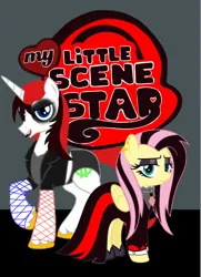 Size: 1116x1545 | Tagged: safe, artist:kingofmlp, derpibooru import, fluttershy, oc, oc:lmoney, pegasus, pony, unicorn, g4, age difference, canon x oc, clothes, cover, dress, emo, female, fishnet clothing, fishnets, goth fluttershy, horn, image, jpeg, male, mare, music, performer, poster, promo, promotional art, punk, recolor, scene, shipping, singer, socks, stallion, stockings, thigh highs