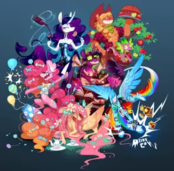 Size: 3261x3199 | Tagged: safe, artist:olivecow, derpibooru import, applejack, fluttershy, pinkie pie, rainbow dash, rarity, spike, twilight sparkle, twilight sparkle (alicorn), alicorn, anthro, dragon, earth pony, pegasus, pony, unguligrade anthro, unicorn, g4, accessory, alcohol, alternate design, apple, apple pie, apple tree, backwards ballcap, balloon, band-aid on nose, bandaid, bare shoulders, baseball cap, beanie, bipedal, book, bottle, bowtie, bracelet, bucket, candy, candy in hair, candy in tail, cap, chest fluff, clothes, colored hooves, colored wings, colored wingtips, cup, dress, ear fluff, ear piercing, earring, emanata, female, flower, flower in hair, flower in tail, flying, folded wings, food, glass, glasses, glow, glowing horn, grin, hat, high res, hoof fingers, hoof hold, hooves, horn, image, jewelry, knife, levitation, looking at something, looking at you, lying down, magic, magic aura, magnetic hooves, male, mane seven, mane six, mare, necklace, open mouth, open smile, party cannon, pie, piercing, plaid shirt, png, prone, quill, scroll, sharp teeth, shirt, smiling, spiked wristband, spread wings, square glasses, studded bracelet, sweater vest, tail, teacup, teapot, teeth, telekinesis, tree, trophy, twilynanas, unshorn fetlocks, wine, wine bottle, wine glass, wingless spike, wings, wristband