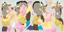 Size: 2000x1000 | Tagged: safe, artist:snarkystarseeker, derpibooru import, discord, fluttershy, butterfly, draconequus, insect, pegasus, pony, g4, ^^, antlers, blush lines, blushing, closed mouth, discoshy, duo, duo male and female, emanata, exclamation point, eyebrows, eyes closed, fangs, feathered wings, female, flustered, full body, gray background, heart, holding a pony, hoof fluff, horn, hug, image, lidded eyes, looking at each other, looking at someone, looking away, male, mare, multiple views, one eye closed, open mouth, open smile, png, raised hoof, shipping, side view, signature, simple background, smiling, smiling at each other, sparkles, spread wings, stars, straight, sweat, swirly eyes, three quarter view, wavy mouth, wings