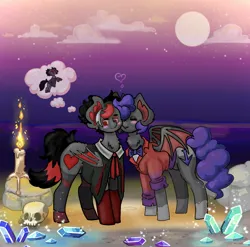 Size: 1500x1480 | Tagged: safe, artist:caprinfishie, derpibooru import, oc, oc:amaryllis skyfall, oc:starlight moonshadow, unofficial characters only, bat pony, pony, gay, heart, image, jpeg, male, night, nuzzling, thought bubble