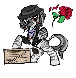 Size: 1543x1565 | Tagged: safe, artist:feenadot, derpibooru import, oc, oc:obassi, unofficial characters only, pony, zebra, bead necklace, bipedal, blush lines, blushing, clothes, crate, flower, flower petals, grin, hat, image, jacket, looking at you, male, png, rose, rose petals, scarf, simple background, smiling, solo, stallion, stallion oc, story included, throwing, transparent background, zebra oc, zebra stripes