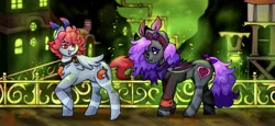 Size: 2436x1125 | Tagged: safe, artist:caprinfishie, derpibooru import, oc, oc:marsie moonshadow, oc:maya thorn, unofficial characters only, bat pony, pegasus, pony, alternate universe, bandana, bat pony oc, bat wings, bow, clothes, commission, detailed background, fangs, female, hair bow, image, jpeg, leg stripes, mare, pegasus oc, stripes, sweater, tail, tail bow, wings