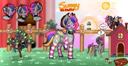 Size: 2188x1125 | Tagged: safe, artist:caprinfishie, derpibooru import, oc, oc:sunny shines, oc:sunray shines, unofficial characters only, bat pony, pony, bat pony oc, bat wings, choker, clothes, cowboy hat, detailed background, dialogue, female, hat, image, jpeg, male, mare, reference sheet, rule 63, socks, spread wings, stallion, striped socks, wings