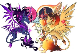 Size: 2388x1668 | Tagged: safe, artist:mothraplush, derpibooru import, daybreaker, nightmare moon, oc, oc:aqasha, oc:nerath, alicorn, pony, fanfic:infinite eclipse, g4, chibi, cloven hooves, corrupted, crystal, crystal wings, eclipse, ethereal mane, ethereal tail, female, four wings, goddess, gold body, hooves, image, mane of fire, mare, multiple wings, outline, png, simple background, tail, tail of fire, white background, white outline, wings