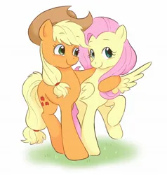 Size: 1948x2048 | Tagged: safe, artist:fizzysugardrink, derpibooru import, applejack, fluttershy, earth pony, pegasus, pony, g4, applejack's hat, blush lines, blushing, closed mouth, cowboy hat, duo, duo female, eyebrows, eyebrows visible through hair, feathered wings, female, freckles, full body, grass, hat, hoof around neck, hug, image, jpeg, looking at someone, looking at you, looking sideways, mare, one wing out, raised hoof, simple background, smiling, smiling at you, standing, standing on three hooves, white background, wings