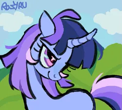 Size: 689x619 | Tagged: safe, alternate version, artist:razyruu, derpibooru import, oc, oc:flawless sparklemoon, unofficial characters only, pony, unicorn, cloud, female, fusion, fusion:trixie, fusion:twilight sparkle, fusion:twixie, horn, image, mare, outdoors, png, signature, smiling, solo, tail, unicorn oc