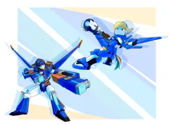 Size: 3333x2421 | Tagged: safe, artist:siemensohm, derpibooru import, rainbow dash, human, pegasus, pony, equestria girls, g4, crossover, duo, duo female, female, high res, human ponidox, image, metal cardbot, overwatch, pharah, png, self paradox, self ponidox, voice actor joke