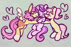 Size: 1800x1200 | Tagged: safe, artist:lovefillies, derpibooru import, fluttershy, sweetie belle, oc, oc:sweet treat, pegasus, pony, unicorn, g4, blushing, female, filly, floating heart, foal, heart, horn, hug, image, jpeg, mare, open mouth, open smile, smiling, spread wings, swirly eyes, tail, unicorn oc, wings