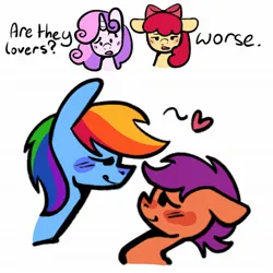Size: 2048x2048 | Tagged: safe, artist:lovefillies, derpibooru import, apple bloom, rainbow dash, scootaloo, sweetie belle, earth pony, pegasus, pony, unicorn, g4, age difference, apple bloom's bow, blushing, bow, cutie mark crusaders, dialogue, eyebrows, female, floating heart, hair bow, heart, horn, image, jpeg, lesbian, looking at each other, looking at someone, mare, open mouth, rainbow dash is a foal fiddler, raised eyebrow, scootadash, shipping