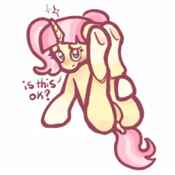 Size: 1200x1200 | Tagged: suggestive, artist:sickerponiez, derpibooru import, oc, oc:sweet treat, unofficial characters only, pony, unicorn, blushing, butt, dialogue, featureless crotch, female, filly, foal, foalcon, horn, image, implied sex, jpeg, legs in air, looking at you, plot, simple background, solo, solo female, sparkles, tail, underage, underhoof, white background