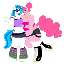 Size: 1921x1904 | Tagged: safe, artist:delphinophile, derpibooru import, pinkie pie, vinyl scratch, anthro, earth pony, unguligrade anthro, unicorn, g4, belly, belly button, belly piercing, belt, bracelet, breasts, cleavage, clothes, duo, duo female, ear piercing, embrace, fat, female, grin, horn, image, jewelry, leg warmers, lesbian, lesbian pride flag, peace sign, piercing, png, pride, pride flag, rave, sharp teeth, ship:vinylpie, shipping, shoes, short shirt, shorts, simple background, smiling, sunglasses, tail, teeth, thighs, thunder thighs, tongue out, trans female, transgender, vinyl's glasses, white background, wristband