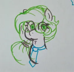 Size: 1722x1677 | Tagged: safe, derpibooru import, oc, oc:cutting edge, unofficial characters only, earth pony, pony, bust, clothes, colored sketch, cute, earth pony oc, female, glasses, hairband, image, jpeg, mare, marker drawing, necktie, ocbetes, simple background, sketch, solo, traditional art, white background