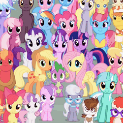 Size: 1000x1000 | Tagged: safe, artist:synthis, derpibooru import, edit, edited screencap, screencap, aloe, applejack, big macintosh, bon bon, bulk biceps, carrot cake, cheerilee, cherry berry, cloudchaser, cup cake, derpy hooves, diamond tiara, fluttershy, lily, lily valley, lotus blossom, lyra heartstrings, pinkie pie, pipsqueak, pound cake, pumpkin cake, rainbow dash, rarity, scootaloo, silver spoon, spike, starlight glimmer, sweetie belle, sweetie drops, thunderlane, twilight sparkle, twilight sparkle (alicorn), twinkleshine, twist, alicorn, dragon, earth pony, pegasus, pony, unicorn, g4, the cutie re-mark, 2016, accessory, animated, apple bloom's bow, applejack's hat, baby, baby pony, bow, cowboy hat, cropped, drum and bass, drumstep, electronic, folded wings, friends are always there for you, glasses, hair bow, hat, horn, image, jewelry, lossless transcode, mane seven, mane six, music, my little pony, offscreen character, out of frame, remix, riding, s5 starlight, show tune remix, sound, sound only, tail, tiara, vocals, webm, wings