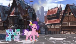 Size: 1860x1079 | Tagged: safe, artist:prixy05, derpibooru import, pipp petals, earth pony, pegasus, pony, g5, my little pony: tell your tale, bow, cloud, coat markings, eyes closed, female, filly, flag, foal, glory (g5), grin, house, image, implied peach fizz, looking at each other, looking at someone, mare, open mouth, open smile, outdoors, pippsqueaks, png, rock floor, seashell (g5), shadow fight 3, sky, smiling, snow, socks (coat marking), spread wings, tail, tail bow, trio, window, wings