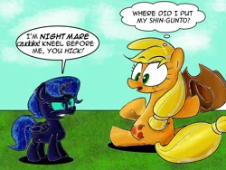 Size: 2000x1500 | Tagged: safe, artist:epulson, artist:zarcan, derpibooru import, applejack, earth pony, pony, g4, applejack's hat, cowboy hat, duo, hat, image, jpeg, sitting, speech bubble