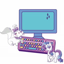 Size: 1946x1946 | Tagged: safe, derpibooru import, edit, official, opalescence, rarity, cat, pony, unicorn, g4, computer, cutie mark, duo, horn, image, jpeg, keyboard, looking at you, monitor, pet, simple background, textless, vector