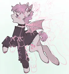 Size: 1341x1428 | Tagged: safe, artist:danciingcosmos, derpibooru import, oc, unofficial characters only, bat pony, bags under eyes, bat ears, bat pony oc, bat wings, choker, clothes, colored eyebrows, colored hooves, drop shadow, ear piercing, eyebrows, eyelashes, fangs, full body, gradient background, heart, heart eyes, hooves, image, lavender coat, light blue background, long sleeves, looking at you, open mouth, piercing, png, ponysona, purple eyes, purple hooves, purple mane, purple tail, shiny hooves, short mane, short tail, side view, simple background, solo, sweater, tail, unshorn fetlocks, walking, wingding eyes, wings
