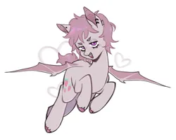 Size: 1809x1449 | Tagged: safe, artist:danciingcosmos, derpibooru import, oc, unofficial characters only, bat pony, pony, :d, bags under eyes, bat ears, bat pony oc, bat wings, colored eyebrows, colored hooves, ear fluff, ear piercing, eyebrows, eyelashes, eyeshadow, fangs, flying, foreshortening, full body, heart, hooves, image, lavender coat, lidded eyes, looking at you, makeup, nose blush, open mouth, open smile, piercing, png, ponysona, purple eyes, purple hooves, purple mane, purple tail, shiny hooves, short mane, short tail, simple background, slit pupils, smiling, smiling at you, solo, spread wings, tail, unshorn fetlocks, white background, wings