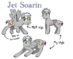 Size: 1280x1032 | Tagged: safe, artist:burnttoastandbutter, derpibooru import, oc, oc:jet soarin, unofficial characters only, pegasus, pony, action pose, goggles, goggles on head, image, jpeg, multiple views, pegasus oc, simple background, solo, wings