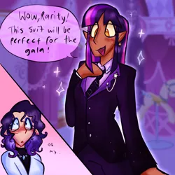 Size: 2048x2048 | Tagged: safe, artist:batgummy98, derpibooru import, rarity, twilight sparkle, human, g4, blush lines, blushing, clothes, cute, cute little fangs, duo, duo female, ear piercing, elf ears, emanata, eyeshadow, fangs, female, heart, heart eyes, hime cut, human coloration, humanized, image, jewelry, jpeg, lesbian, long hair, makeup, necklace, necktie, piercing, ship:rarilight, shipping, speech bubble, stars, suit, wingding eyes
