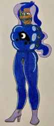 Size: 1583x3693 | Tagged: suggestive, artist:tfpandora, derpibooru import, princess luna, human, g4, bit gag, blackwashing, bondage, bound and gagged, clothes, cutie mark, cutie mark on clothes, explicit description, female, gag, high heels, high res, humanized, image, inflatable straitjacket suit, jpeg, latex, latex suit, prisoner, shoes, simple background, solo, solo female, story included, straitjacket, traditional art, white background, zipper