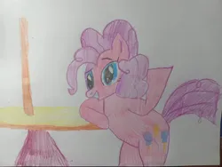 Size: 4096x3072 | Tagged: safe, artist:victoric1993, derpibooru import, pinkie pie, earth pony, pony, g4, griffon the brush off, female, high res, image, jpeg, mare, my little pony, scene interpretation, simple background, solo, solo female, table, white background