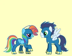 Size: 830x650 | Tagged: safe, artist:rogueheart101, derpibooru import, rainbow dash, soarin', pegasus, pony, pony creator, g4, alternate hairstyle, clothes, duo, duo male and female, female, image, jpeg, male, rainbow fash, simple background, uniform, wonderbolts uniform, yellow background