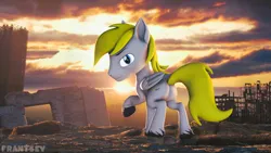 Size: 3840x2160 | Tagged: safe, artist:franzu5ik, derpibooru import, oc, oc:galactic arxi, unofficial characters only, pegasus, pony, 3d, 3d model, 4k, building, butt, cloud, cloudy, eye glow, fog, folded wings, glow, high res, image, looking at you, looking back, looking back at you, male, metro 2033, outdoors, pegasus oc, png, post apocalypse, raised hoof, raised tail, ruins, russia, source filmmaker, stallion, sun, sunrise, tail, wasteland, wings