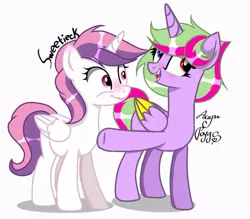 Size: 736x645 | Tagged: safe, artist:akira royds, derpibooru import, oc, oc:akira royds, oc:sweetieck dreams, unofficial characters only, alicorn, pony, g4, colored hooves, cute, eyelashes, female, filly, foal, hooves, horn, image, jpeg, mare, not sweetie belle, red eyes, simple background, smiling, tail, two toned mane, two toned tail, unicorn horn, white background