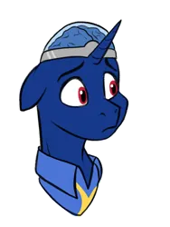 Size: 630x839 | Tagged: safe, artist:rutkotka, derpibooru import, oc, oc:bit shift, unofficial characters only, cyborg, cyborg pony, pony, unicorn, blue coat, brain, bust, clothes, concerned, floppy ears, frown, horn, image, jumpsuit, no mane, organs, png, red eyes, simple background, solo, transparent background, vault suit