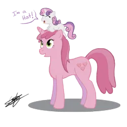 Size: 1000x1000 | Tagged: safe, artist:cubonator, derpibooru import, ruby pinch, sweetie belle, pony, unicorn, g4, 2012, age difference, background pony, cute, diasweetes, duo, eyes closed, female, filly, filly on mare, foal, future, horn, image, lesbian, looking up, mare, older, older ruby pinch, open mouth, open smile, pinchybetes, png, shadow, signature, simple background, smiling, speech bubble, sweetiehat, talking, transparent background, underage