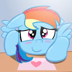 Size: 1434x1434 | Tagged: safe, artist:cant1n11, derpibooru import, rainbow dash, pegasus, g4, blushing, heart, image, letter, looking at you, love letter, png, smiling, smiling at you, table