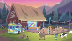 Size: 1280x720 | Tagged: safe, derpibooru import, screencap, geri, goldie delicious, mr. waddle, cat, cow, human, equestria girls, equestria girls series, g4, road trippin, bus, female, image, male, miss kitty, my little pony equestria girls: better together, png, udder, vehicle