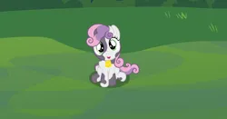 Size: 3840x2018 | Tagged: safe, artist:badumsquish, derpibooru import, sweetie belle, cow, cow pony, monster pony, original species, pony, g4, alternate color palette, bell, bush, cowbell, cowbelle, cowified, derpibooru exclusive, female, field, high angle, horns, image, looking at you, mare, offscreen character, open mouth, open smile, png, pov, show accurate, sitting, smiling, solo, species swap