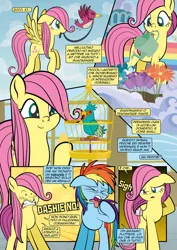 Size: 1920x2715 | Tagged: safe, artist:alexdti, derpibooru import, fluttershy, rainbow dash, bird, pegasus, pony, comic:how we met (italian), g4, birdcage, cage, comic, female, filly, filly fluttershy, filly rainbow dash, floppy ears, flower, foal, image, italian, jpeg, leash, watering can, younger